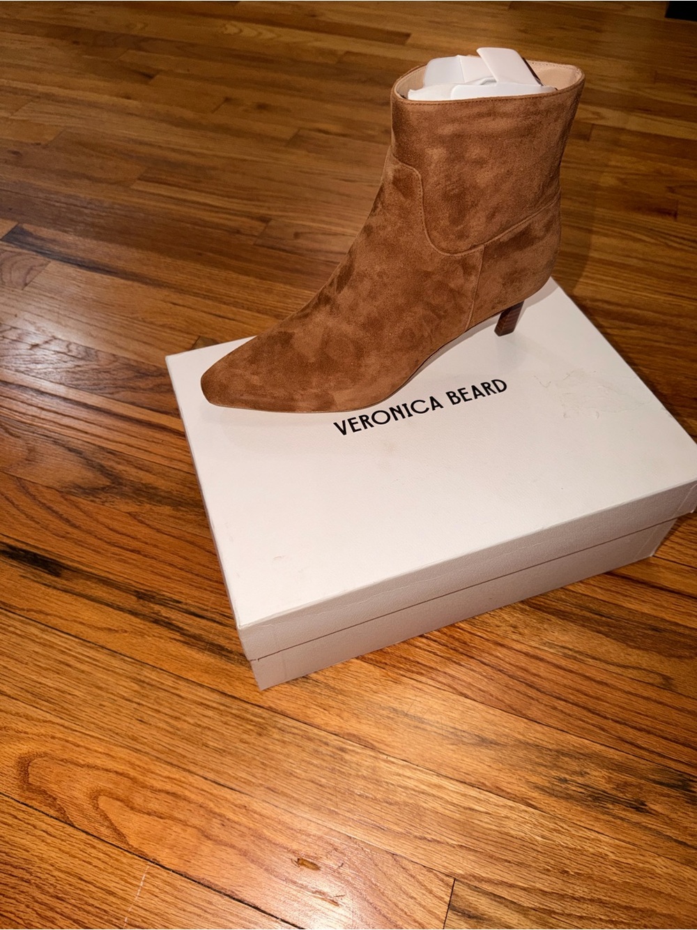 Veronica Beard Chestnut Suede Pointed-Toe Ankle Boot with Kitten Heel